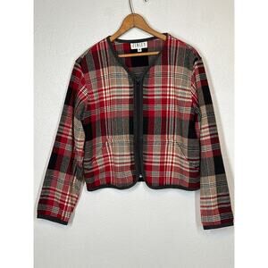 Finity Plaid Wool Jacket 6 Red Black Tan Full Zip Pockets Preppy Streetwear